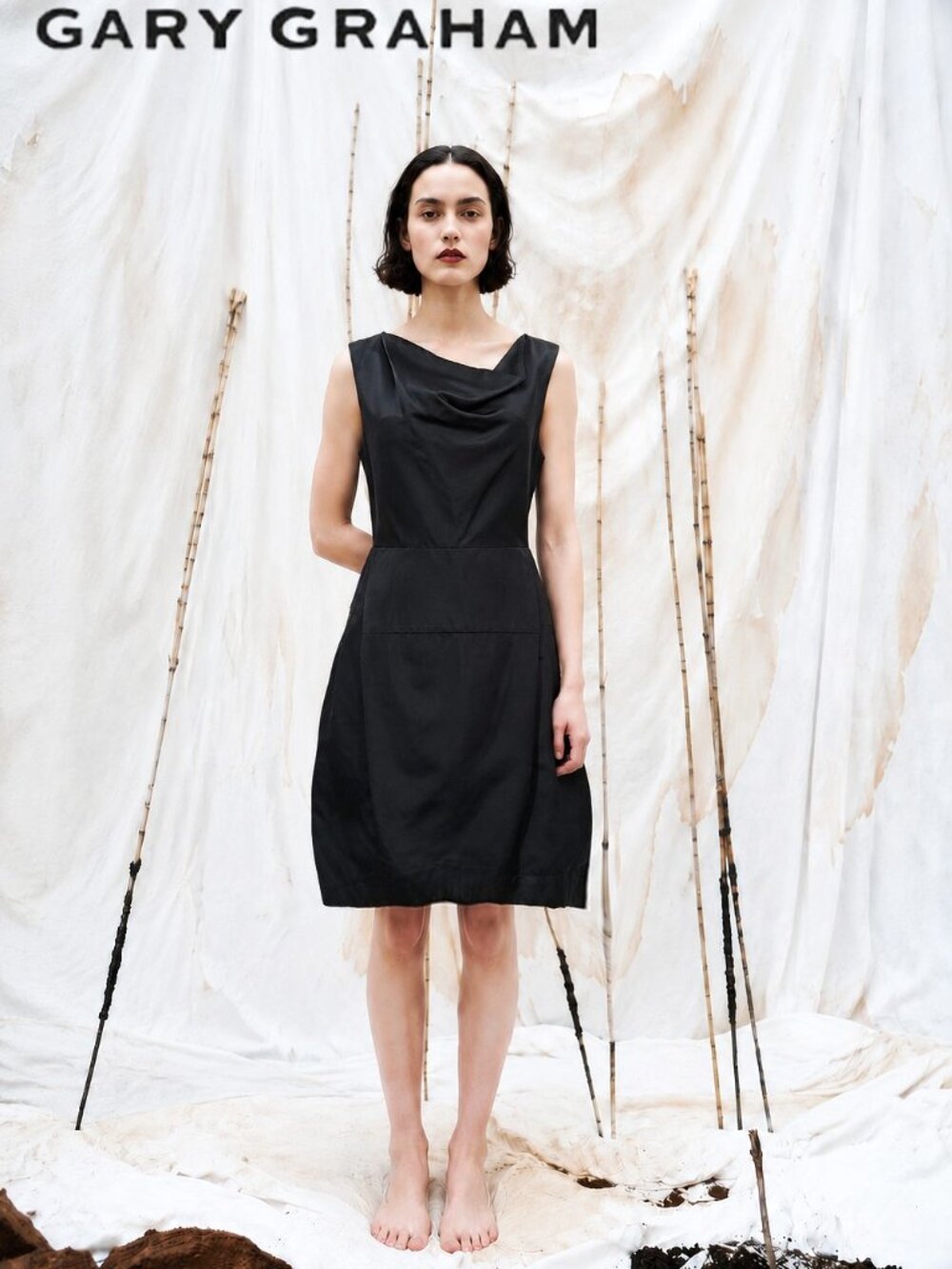 Gary Graham Black 100% Silk Asymmetric Draped Dress Bell Skirt Sleeveless SZ 8